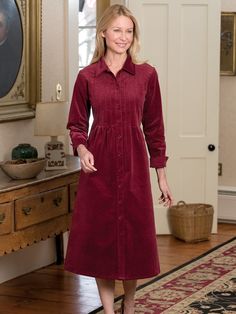 You'll Love the Graceful Drape of Our Soft Pinwale Corduroy Dress Fall Corduroy Dresses With Button Closure, Corduroy Button-up Dress With Button Closure, Corduroy Dress Outfit, Warm Winter Dresses, Corduroy Overall Dress, Vermont Country Store, Floral Tunic Tops, Winter Dress Outfits, Fall Winter Dresses