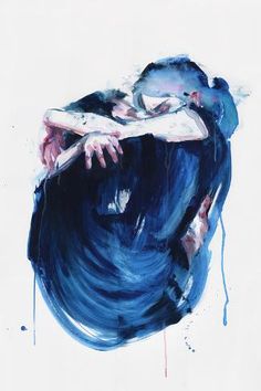 a painting of a person laying on top of a blue object with their arms wrapped around each other