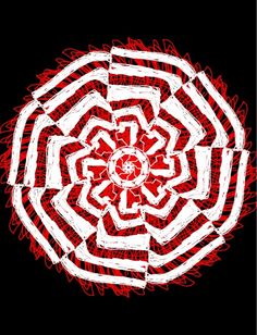 a red and white drawing of a flower on a black background with lines in the center