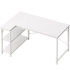 a white desk with two shelves on each side and an open drawer underneath the table