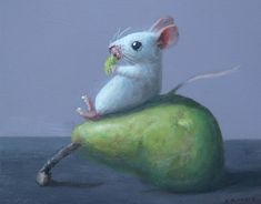 a painting of a mouse sitting on top of a green pear with leaves in its mouth