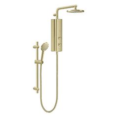 thermostaer with shower head and handset in brushed brass, shown from side view