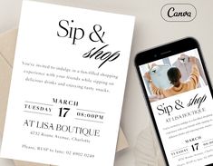 a phone next to an open envelope with the text sip and shop on it in black