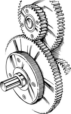 two gears are shown in this black and white drawing, one is facing the opposite direction