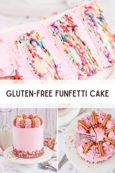 a collage of different cakes and desserts with the words gluten - free funetii cake