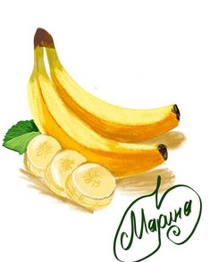 two bananas and three slices of banana on a white background with the word mapung written below