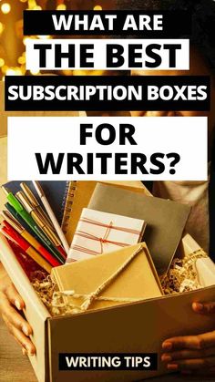 a person holding a box with writing supplies in it and the words what are the best subcript boxes for writer?