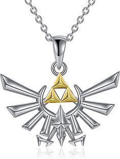 the legend of zeldan necklace with two tone gold and silver triangles on it