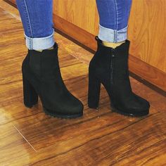 Black ankle boot with platform. True fit for most. Fitted Ankle-high Platform Boots With 4-inch Heel, Black Ankle-high Platform Heeled Boots, Black Heeled Boots With 4-inch Heel And Medium Width, Black Synthetic Ankle-high Heeled Boots, Black Ankle Platform Boots With 4-inch Heel, Chunky Heel, Black Ankle Boots, Chunky Heels, Ankle Booties