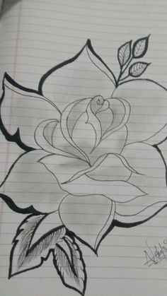 a pencil drawing of a rose with leaves on it's petals and two birds in the center