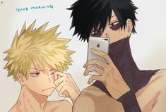 two anime characters are looking at their cell phones together, one is naked and the other has his head turned backwards