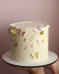 a hand holding a white cake with butterflies on it