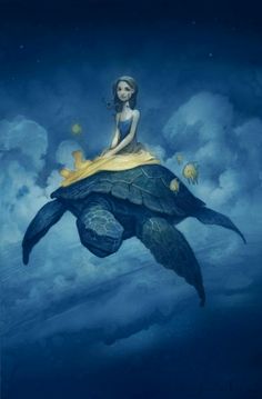 a painting of a woman sitting on top of a turtle in the sky with clouds