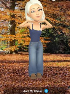 an animated woman standing in the leaves with her hands on her hips and looking up