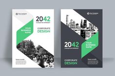 a set of two brochures with green and black shapes on the cover,