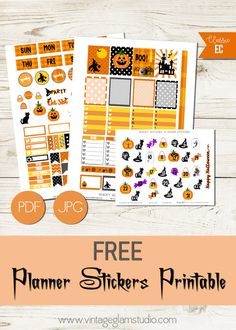 the free planner stickers printable is shown on a wooden table with pumpkins