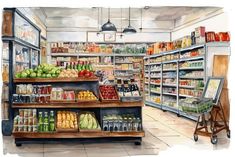 a watercolor painting of a grocery store filled with fruits and vegetables