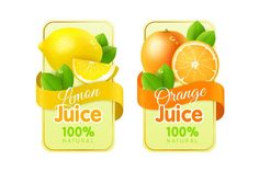 two labels with orange juice and lemons