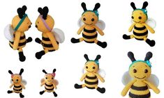 several crocheted bees are shown in different poses