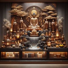 the buddha statue is surrounded by candles and other items in front of it's display case