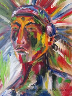 an oil painting of a native american man with feathers on his head and colorful colors