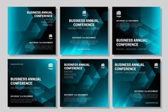 four business brochures with blue and black shapes