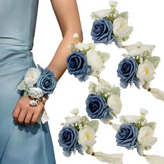 the bridesmaid bouquets have blue roses and white flowers on each wristlet