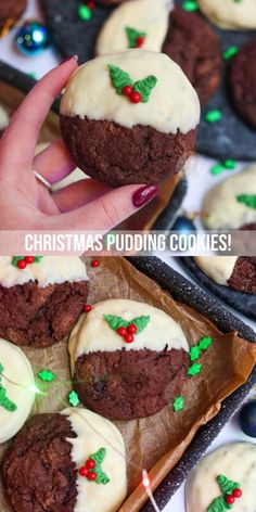 christmas pudding cookies with white frosting and holly leaves on them, being held up by someone's hand