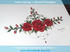 tattoo design + stencil / template with red roses and leaves on white paper