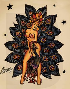 a drawing of a naked woman with peacock feathers on her head and body, standing in front of a star filled background