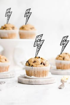 chocolate chip muffins with stickers on top