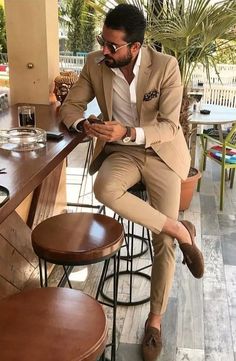 Brown Suits For Men, Prom Suits For Men, Mens Casual Suits, Tan Suit, Wedding Outfit Men