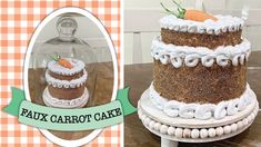 there is a cake with carrots on it and an image of a glass jar