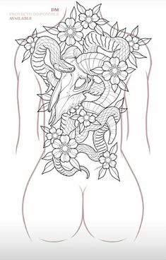 the back of a woman's torso with flowers and birds on it, as well as