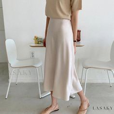 Lasaky - Relaxed Silk Satin Draped Skirt with Lustrous Sheen - Long Hemline Skirts For Winter, Loose Skirt, Silk Fashion, Draped Skirt, Elegant Drapes, Long Skirts For Women, Satin Midi Skirt, Spring Women, Satin Skirt