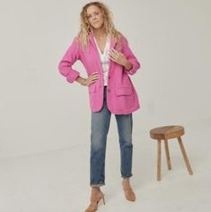 The Perfect Third Piece With A Touch Of Texture From Our Free-Est Collection. Fit: Relaxed, Oversized Fit And Classic Structured Silhouette Features: Double Button Closure, Side Flap Pockets, Collared Neckline, Textured Woven Fabrication, Vented Hem Why We <3 It: So Timeless And The Perfect Wear-With-Everything Piece, This Blazer Is The Perfect Transeasonal Staple. Free-Est Comprised Of Textured, Free-Flowing Wardrobe Staples And Seasonless Knitwear, Free-Est Is Our Beloved In-House Collection F Oversized Pink Outerwear For Work, Casual Oversized Blazer With Lapel Collar, Trendy Oversized Blazer With Pockets, Everyday Spring Blazer With Lapel Collar, Spring Blazer With Relaxed Fit And Long Sleeves, Spring Long Sleeve Relaxed Fit Blazer, Oversized Pink Outerwear For Daywear, Pink Oversized Outerwear For Daywear, Oversized Spring Outerwear