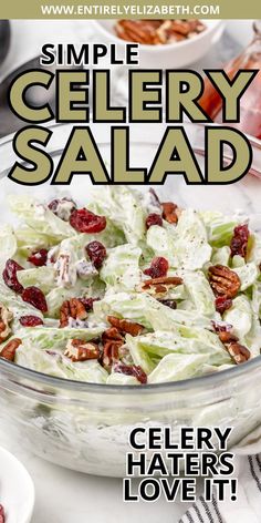 a salad with celery, cranberries and pecans is featured on the cover of simple gelery salad