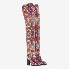 New In Box Isabel Marant Multicolor Over The Knee Boots Size 36 - Us Size 6 Show Off Your Style By Getting Your Hands On The Gorgeous Runway Isabel Marant Lurna Tapestry Boot. This Stunning Piece Features An Eccentric Almond Toe With The Wooden Circular Block Heel, Followed By The Pull-On Styling And The Calf Leather Lining To Amp Up The Style. The Breathtaking Combination Of White And Red, With Hints Of Blue And Beige, Completes The Style. Pair This Beauty With A White Midi Dress And Studs, Wit Leather Tapestry, High Top Wedge Sneakers, Marant Shoes, Multicolor Shoes, Isabel Marant Shoes, Red Bandana, White Midi, Studded Sandals, White Midi Dress