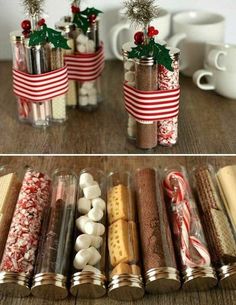 christmas crackers are wrapped in plastic wrap and decorated with candy canes, peppermints, holly twigs, and mist cones