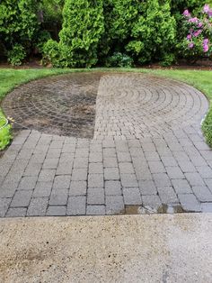 a fire hydrant sitting in the middle of a brick walkway next to a lush green park