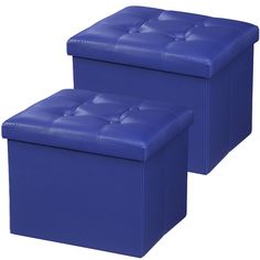 two blue ottomans sitting next to each other