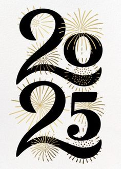 the number twenty five in black and gold on white paper with fireworks coming out of it