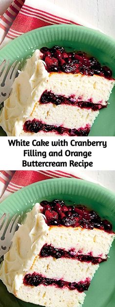 two plates with slices of cheesecake and berries on them, one has white cake with cranberry filling and the other has orange butter