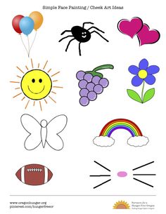 Simple, quick, and easy face painting and cheek art ideas. Options for kids to choose from. Face Template, Easy Art Projects