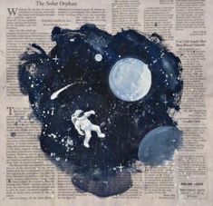 an image of the moon and stars in space on top of a newspaper with black ink