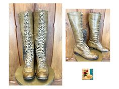 "This pair of vintage 1930's ladies, knee-high, lace up, leather, field or walking boots are a buttery caramel brown with tan cotton laces & metal grommets. The stacked wooden heels are low for walking. These are scarred from use & the laces are broken & need replaced. The bottom rubber on the heels has melted & warped with age & needs replaced if you plan on wearing these. I believe they are wearable as the seams appear strong & the leather is supple but they need conditioning if you plan to do Vintage Leather Knee-high Lace-up Boots, Vintage Lace-up Boots, Vintage Brown Lace-up Boots, One Piece Lingerie, Lace Baby Bonnet, Tall Riding Boots, Genuine Leather Boots, Tall Leather Boots, Leather Cowboy Boots