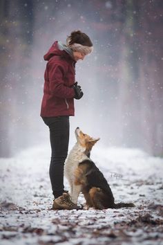 a woman standing next to a brown and white dog on top of snow covered ground