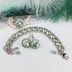 "Green Jewelry Set Chrysolite Pale Green Crystal Bridal Full Matching Set Clear Halo Wedding Bridesmaids Gift For Her,Silver,Chrysolite,SB52 Super sparkly full matching set! Bracelet, ring, earrings (even clip ons necklace, pendant necklace and 2 cufflinks designs! Can be made with any other color of your choice! Get your perfect set now! Some details : Bracelet: A glamorous bracelet made with genuine 8mm (39SS) premium high quality crystals. A sparkly item which will enhance your style.. This i Sage Green Jewelry, Light Green Jewelry, Green Jewelry Set, Jewelry For Bridesmaids, Navy Blue Earrings, Chrysoprase Jewelry, Blue Wedding Jewelry, Bridesmaid Gifts Earrings, Blue Drop Earrings