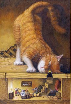 an orange and white cat standing on top of a wooden shelf next to a painting