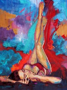 a painting of a woman laying on the ground with her legs up in the air